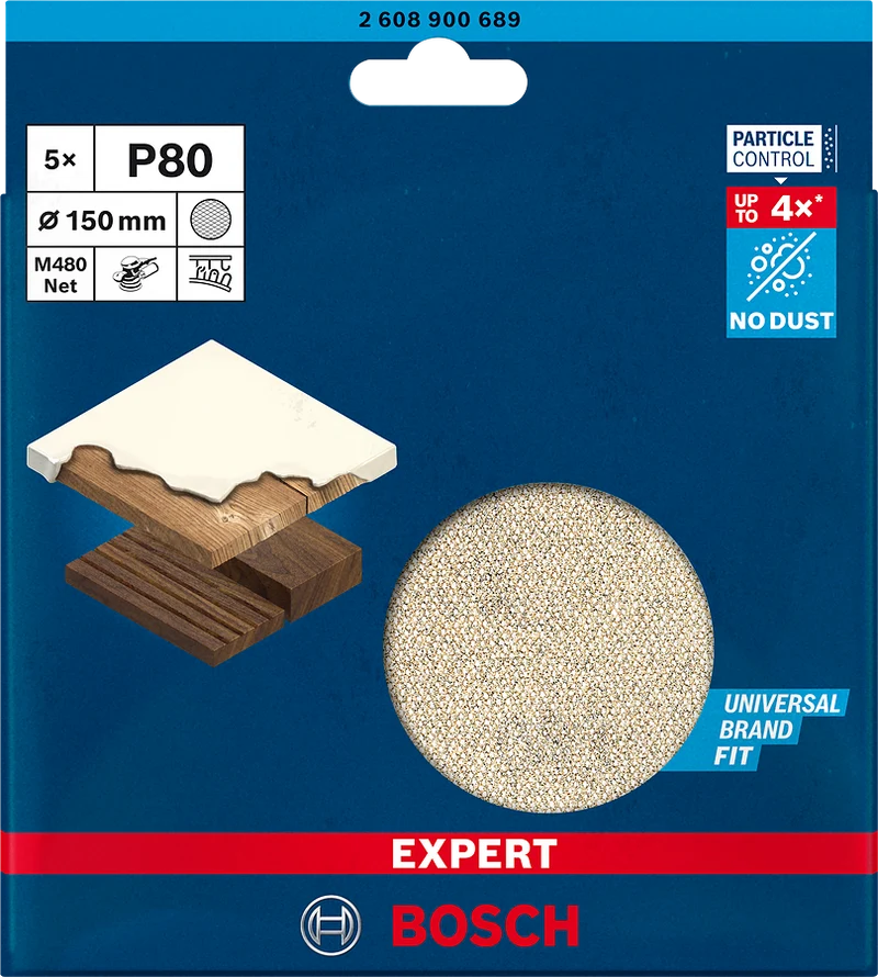 Bosch EXPERT M480 Schleifnetzscheibe Ø 150 mm (5er-Pack, für Exzenterschleifer, für Holz, Farbe, Trockenbauwände)