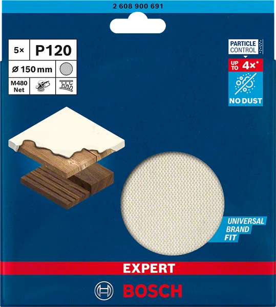 Bosch EXPERT M480 Schleifnetzscheibe Ø 150 mm (5er-Pack, für Exzenterschleifer, für Holz, Farbe, Trockenbauwände)