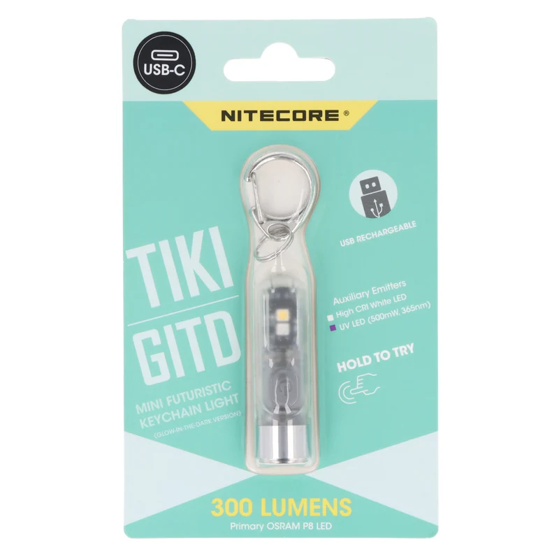 Nitecore TIKI GITD Mini-Schlüsselanhänger-Lampe, glow in the dark, grün, 3 Lichtquellen, 12 gramm ultraleicht