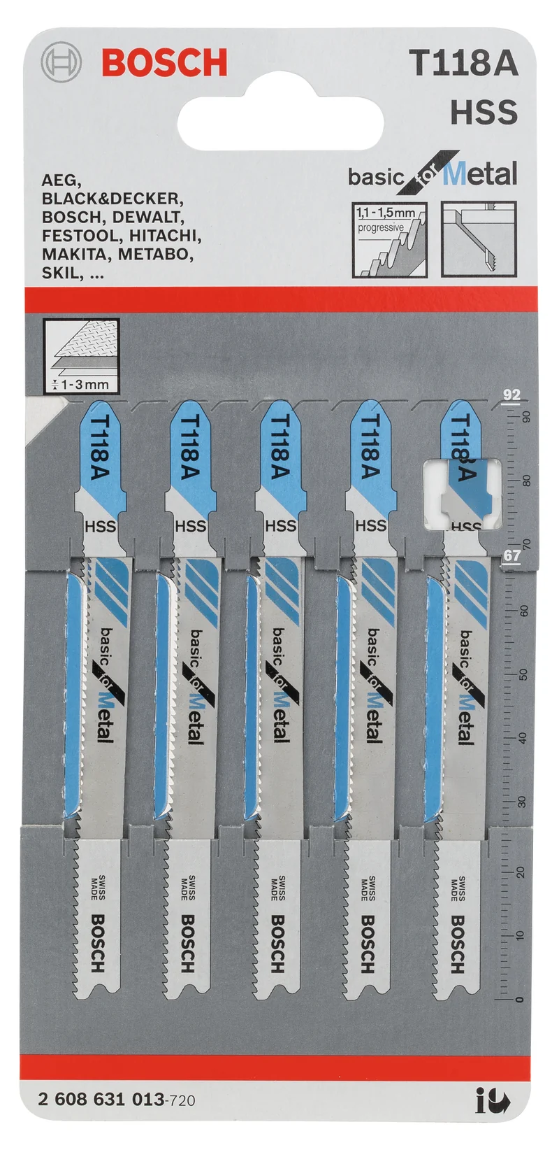 Bosch Stichsägeblatt T 118 A für Metall (5er-Pack, Basic for Metal, für saubere gerade Schnitte, T-Schaft)