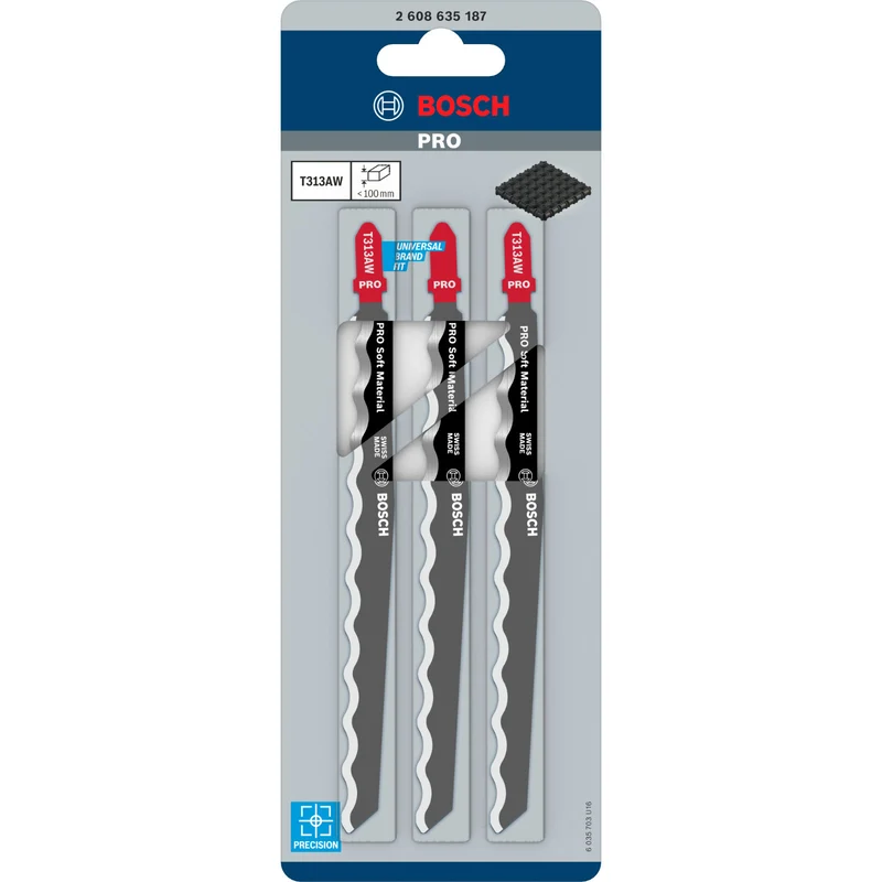 Bosch PRO Soft Material T 313 AW Stichsägeblatt (152 mm, 3er-Pack, Schneidet z.B. Leder, Pappe, Gummi uvm.)