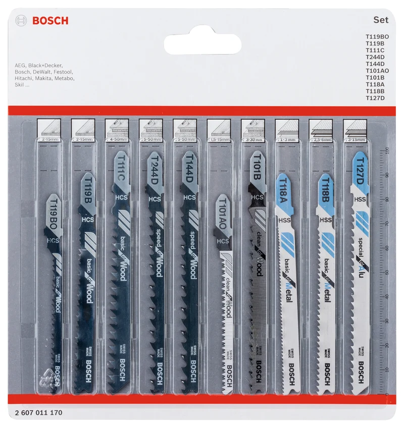 Bosch Stichsägeblatt-Set für Holz & Metall (10-tlg., Wood + Metal, für verschiedenste Schnitte, Kurvenschnitte, T-Schaft)
