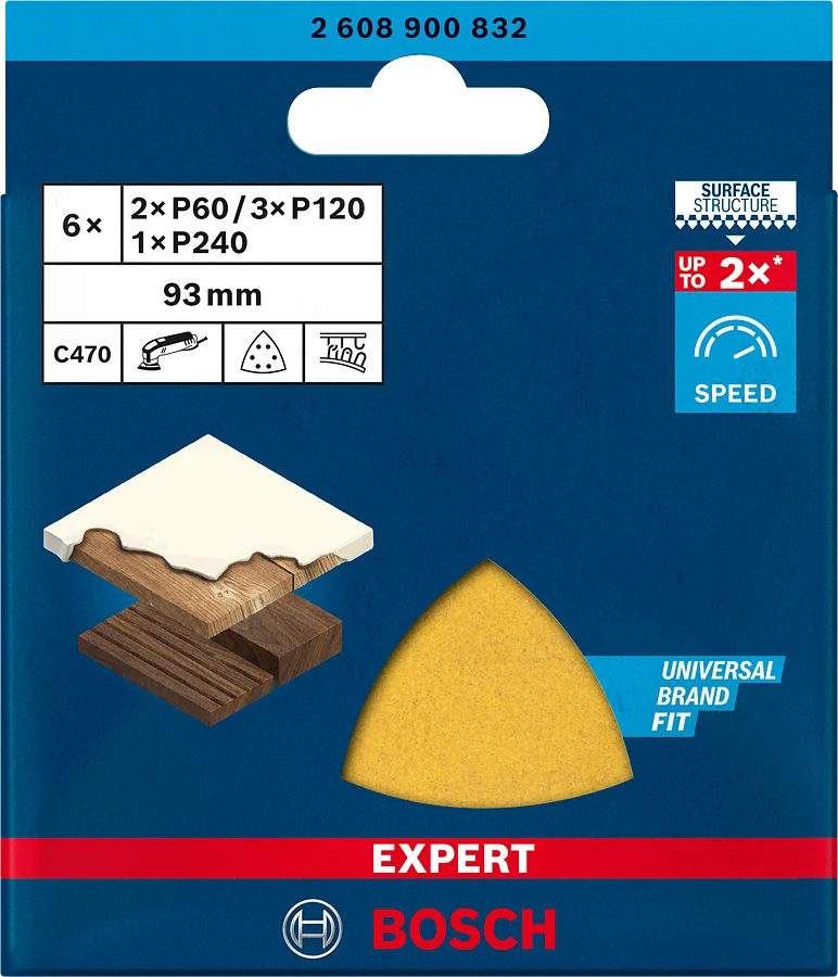 Bosch EXPERT C470 Schleifpapier-Set 93 x 93 mm (6er-Pack: 2x G60, 3x G120, 1x G240, 6 Löcher, für Deltaschleifer, Schnelles Schleifen von Farbe & Holz)