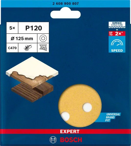 Bosch EXPERT C470 Schleifscheibe Ø 125 mm (5er-Pack, 8 Löcher, für Exzenterschleifer, Schnelles Schleifen von Farbe & Holz)