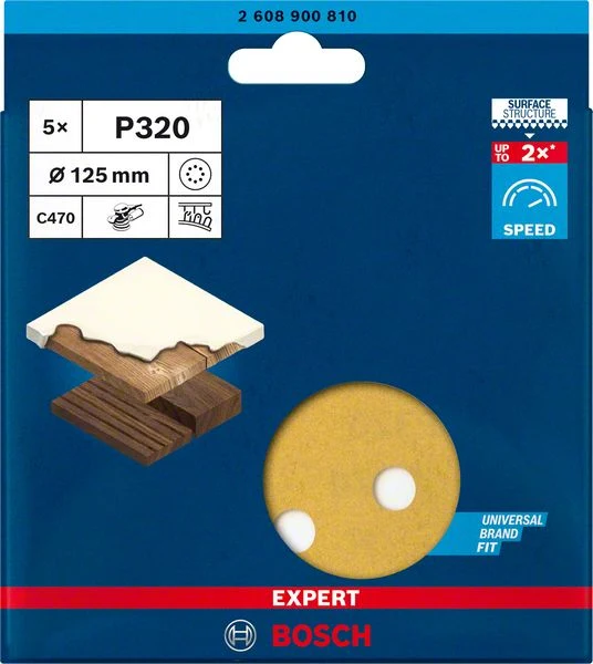 Bosch EXPERT C470 Schleifscheibe Ø 125 mm (5er-Pack, 8 Löcher, für Exzenterschleifer, Schnelles Schleifen von Farbe & Holz)