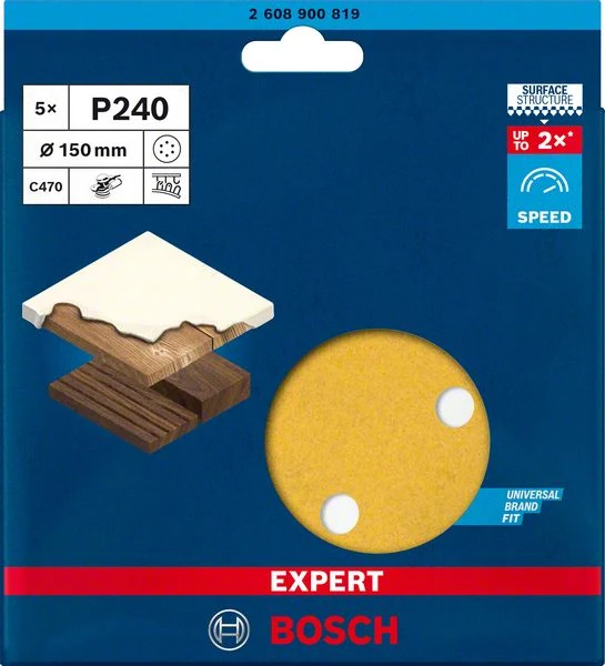 Bosch EXPERT C470 Schleifscheibe Ø 150 mm (5er-Pack, 6 Löcher, für Exzenterschleifer, Schnelles Schleifen von Farbe & Holz)