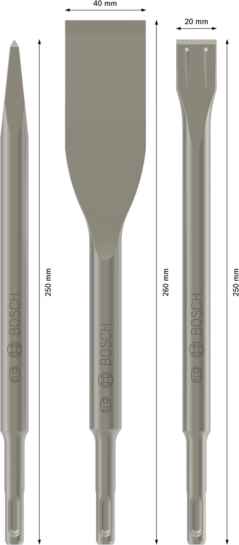 Bosch PRO SDS plus-5C Meißel-Set 3-tlg. (Spitzmeißel 250 mm, Fliesenmeißel 260 mm, Flachmeißel 250 mm)