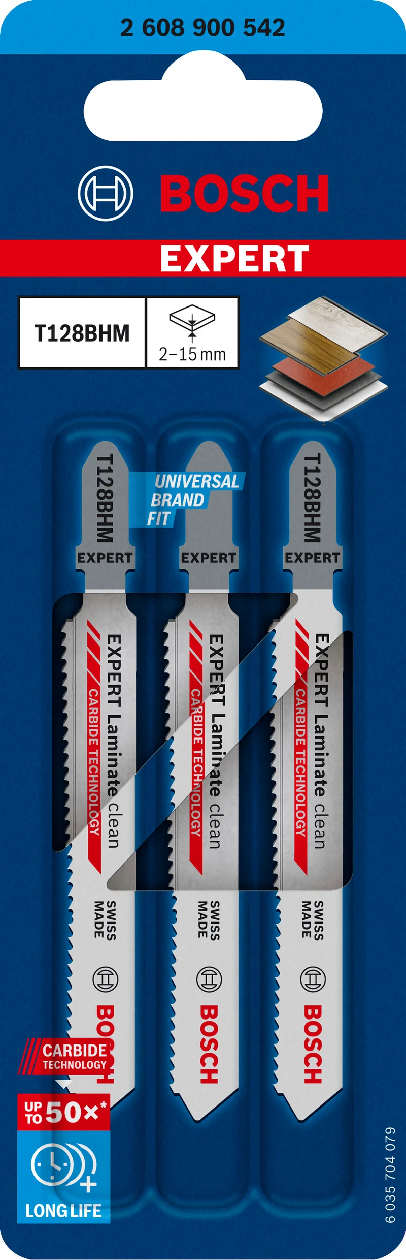 Bosch EXPERT Laminate Clean T128BHM Stichsägeblatt (3er-Pack, saubere Schnitte in Laminat, 92 mm, T-Schaft)