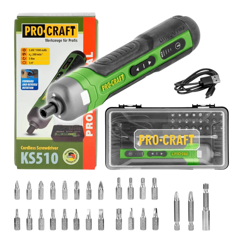 Procraft KS510 Akku Schraubendreher 3,6 V 10 Nm + Integrierter Akku 1,5 Ah + 27 tlg. Bit Set + Koffer