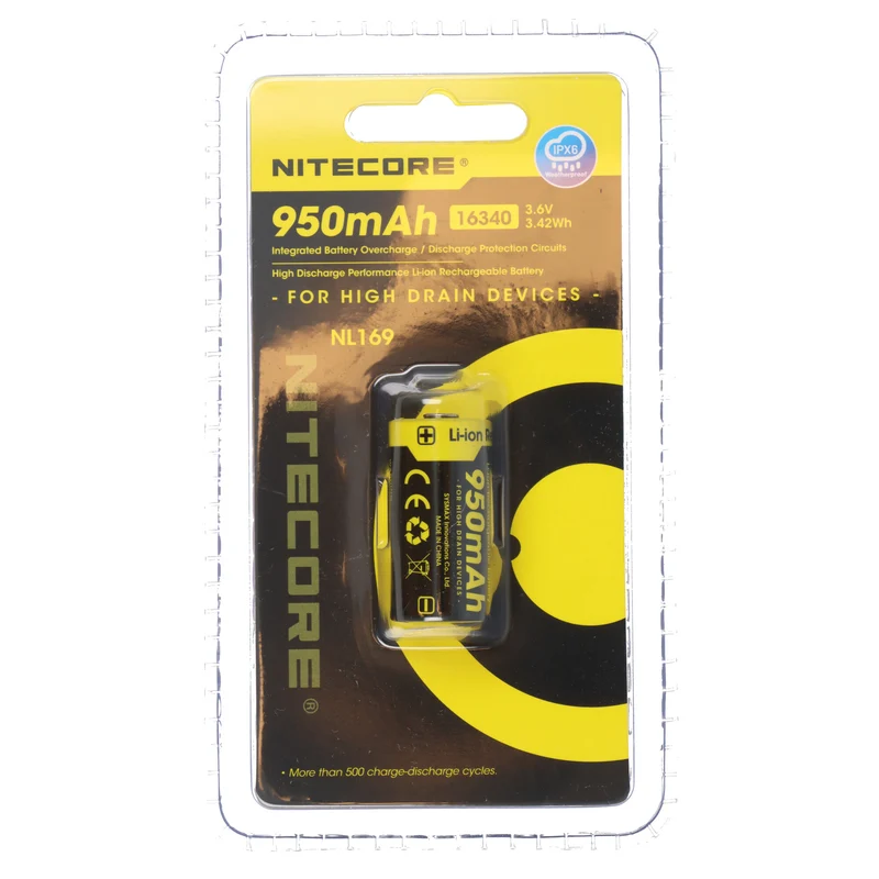 Nitecore NL169 Akku 16340 NC-NL169 Li-Ion Akku 3,7 Volt 950mAh mit Schutzschaltung, max. 2A Entladestrom