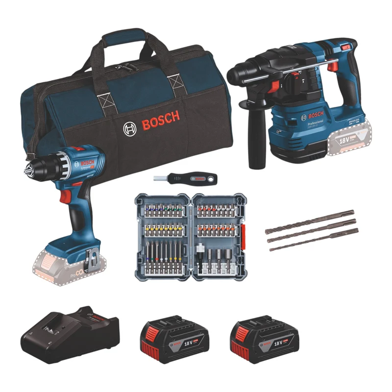 Bosch 18 V Profi-Set ( 0615V0003D ) mit GSR 18V-45 + GBH 18V-22 + 45 tlg. Bit Set + 3 tlg. SDS plus-5 Schlagbohrer Set + 2x Akku 4,0 Ah + Ladegerät + Tasche