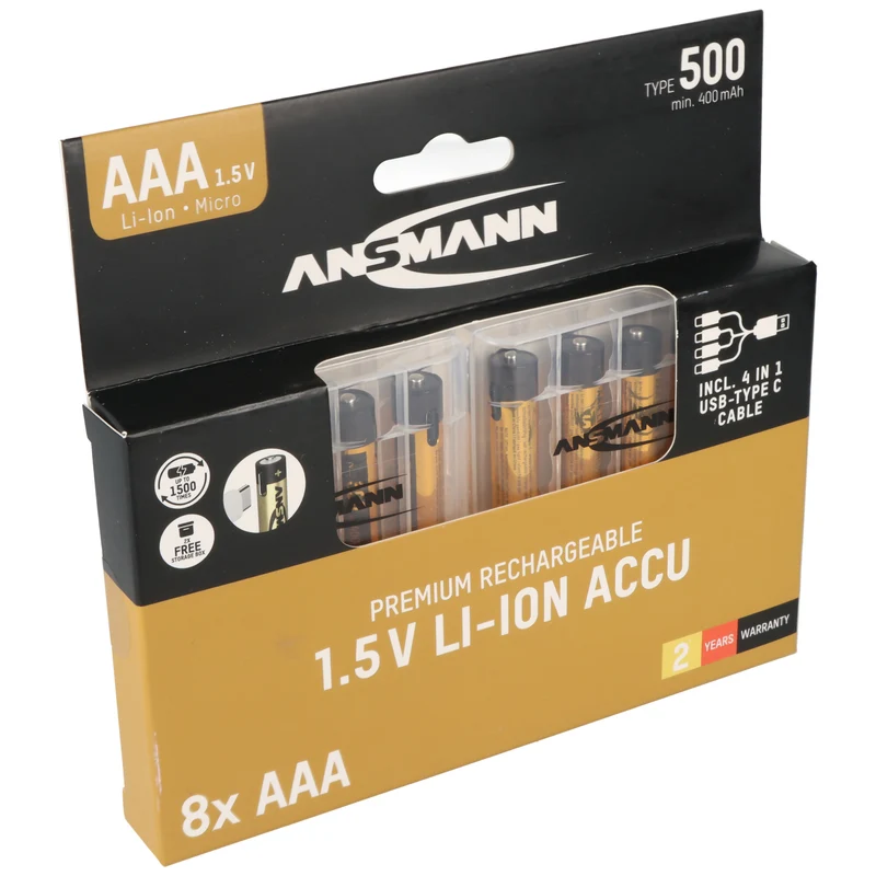 8 Stück Ansmann Premium Li-Ion Akkus Micro AAA 500mAh, mit USB-C Lademöglichkeit, 8er Karton inkl. 2x Akkubox sowie einem 4Fach USB-C Ladekabel
