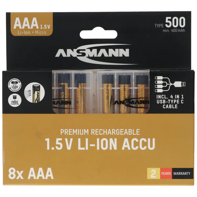 8 Stück Ansmann Premium Li-Ion Akkus Micro AAA 500mAh, mit USB-C Lademöglichkeit, 8er Karton inkl. 2x Akkubox sowie einem 4Fach USB-C Ladekabel