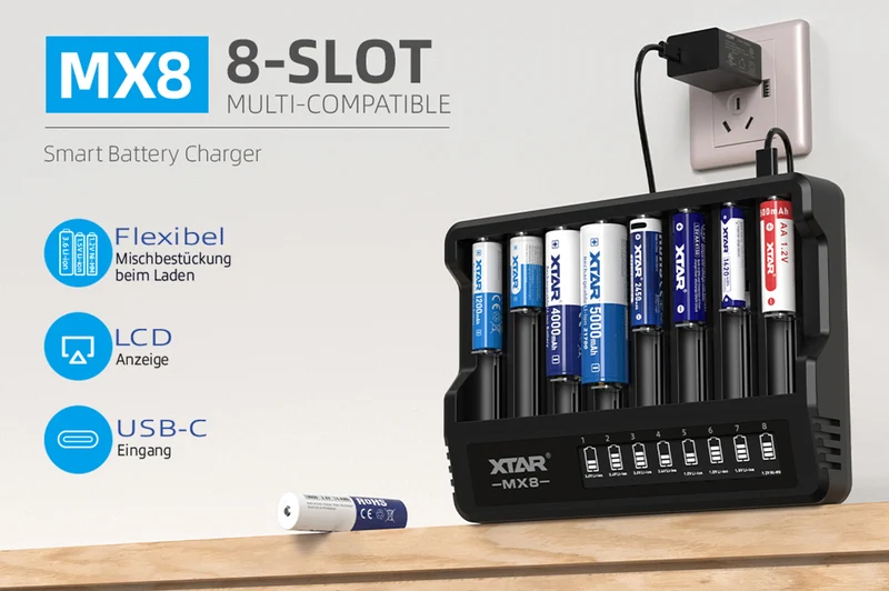 Xtar MX8 – Universelles Ladegerät für 1,5V; 3,6 - 3,7V Li-Ion & 1,2V Ni-MH Akkus