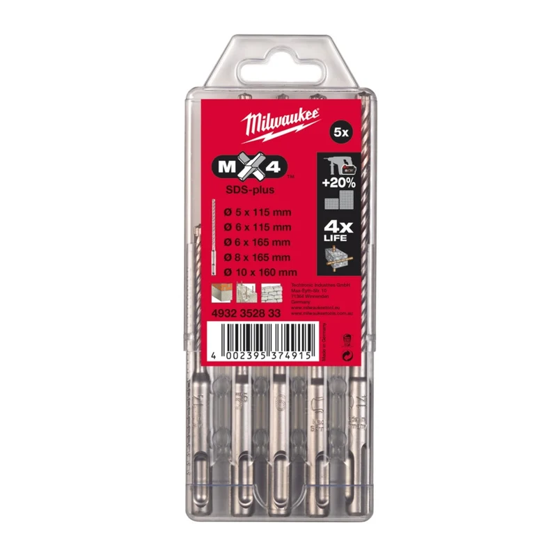 Milwaukee 5/6 x 115 mm,6/8/10 x 165 mm Hammerbohrer MX4 SDS-Plus Set 5-teilig