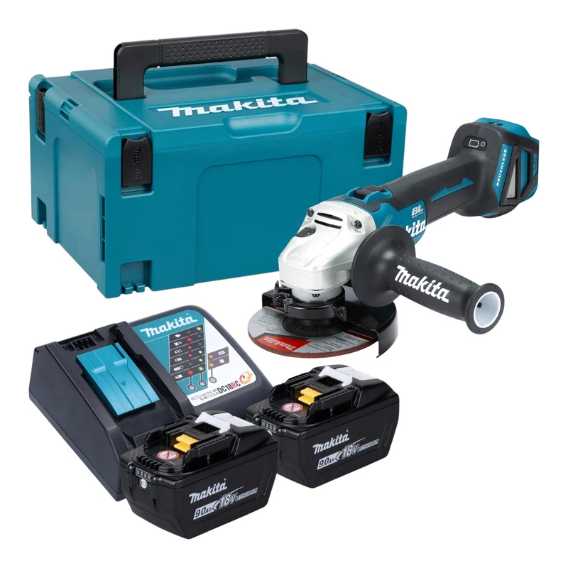 Makita DGA 511 Z Akku Winkelschleifer 18 V 125 mm Brushless + 2x Akku 9,0 Ah + Ladegerät + Makpac