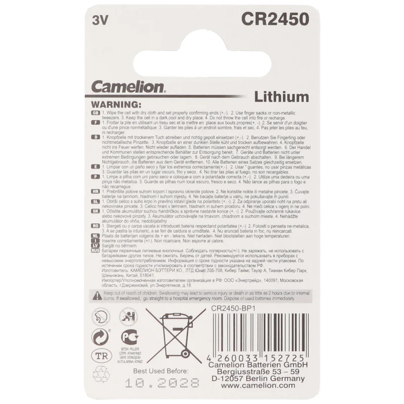 Camelion CR2450 Lithium Batterie IEC CR2450 Knopfzelle Lithium Batterie