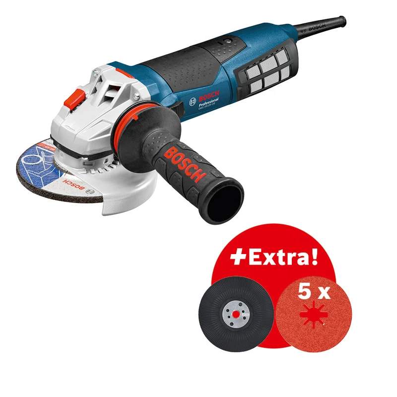 Bosch Professional GWS 19-125 CIE Winkelschleifer + Strongflex-Kabel + 5x X-LOCK Fiberschleifscheibe + Stützteller im Karton