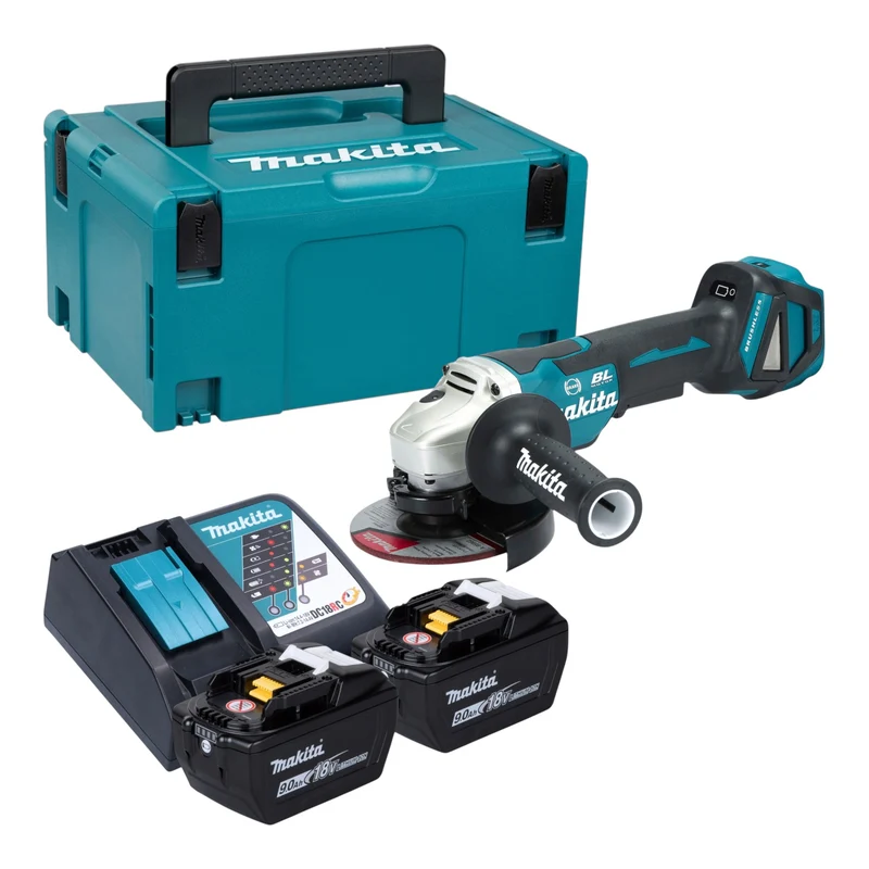 Makita DGA 517 Z Akku Winkelschleifer 18 V 125 mm Brushless + 2x Akku 9,0 Ah + Ladegerät + Makpac