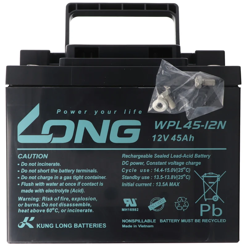Kung Long WPL45-12N F8 Longlife Blei-Vlies-Akku, 12Volt, 45Ah, M6 Innengewinde