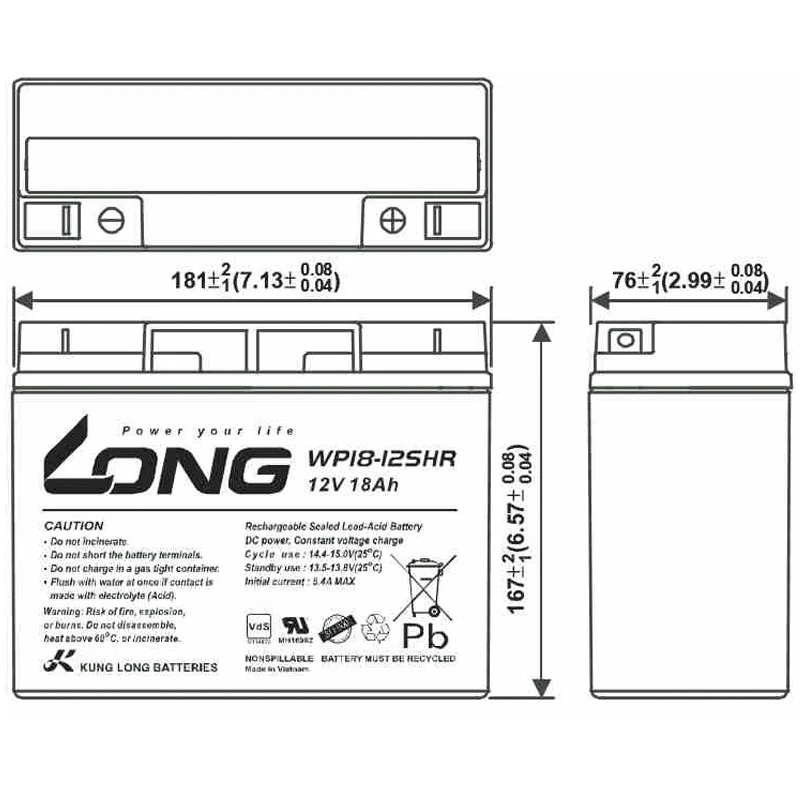 Kung Long WP18-12SHR Akku PB Blei 12 Volt mit 18Ah, mit M5 Flachpol Schraubanschluss, 181 x 76 x 167mm