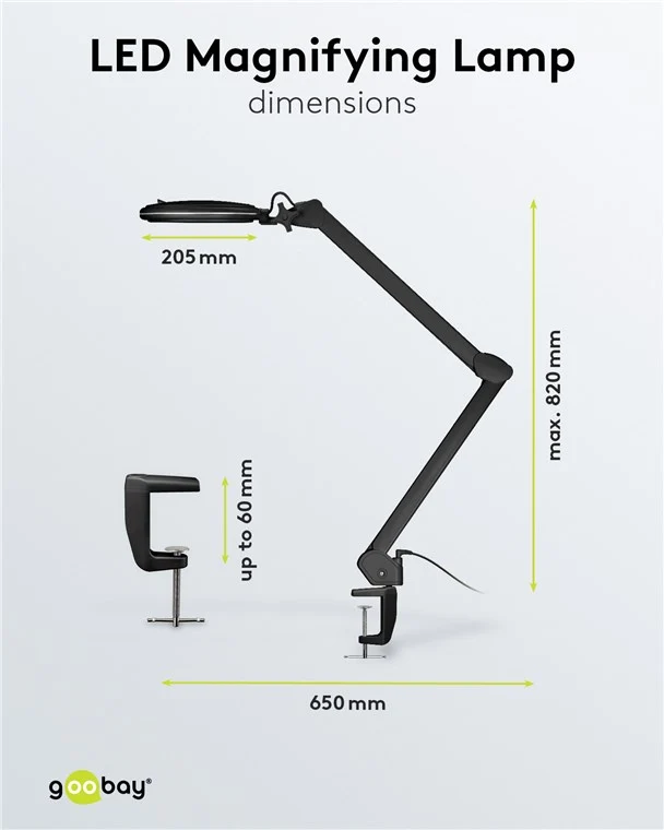 Goobay LED-Klemm-Lupenleuchte, 10 W, schwarz - 800 lm, Helligkeit & Lichtfarbe einstellbar, 127 mm Glaslinse, 1,75-fache Vergrößerung, 3 Dioptrien