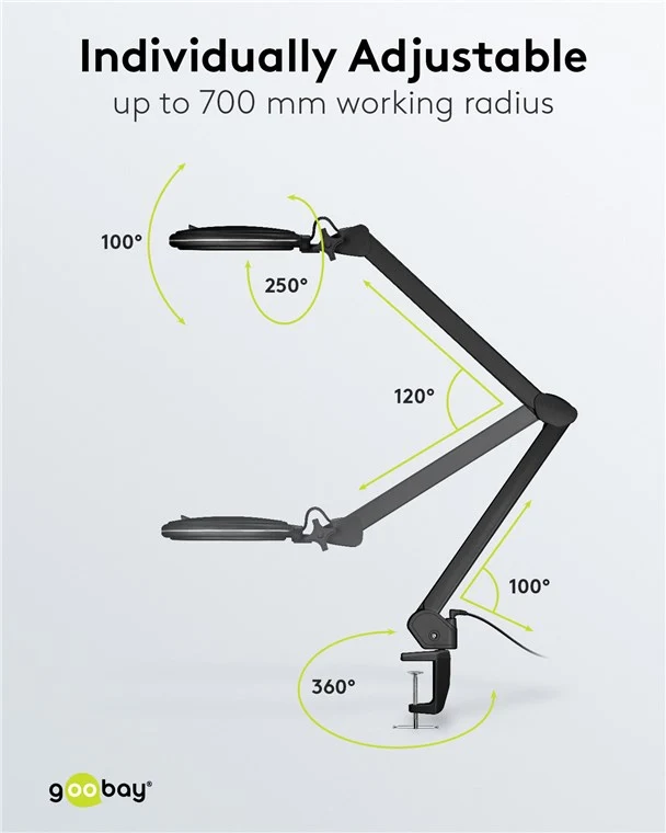 Goobay LED-Klemm-Lupenleuchte, 10 W, schwarz - 800 lm, Helligkeit & Lichtfarbe einstellbar, 127 mm Glaslinse, 1,75-fache Vergrößerung, 3 Dioptrien
