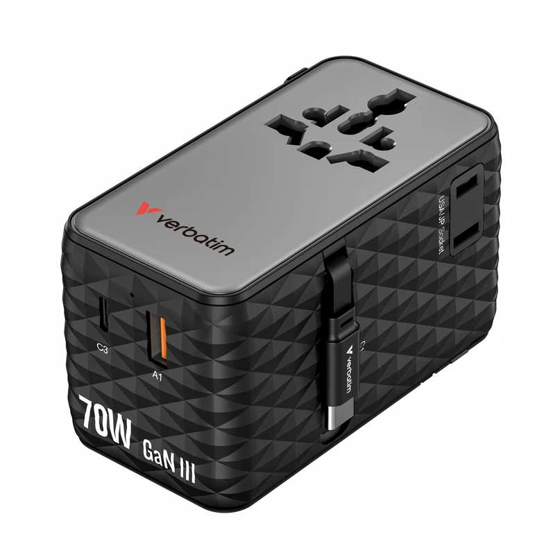 Verbatim Ladeadapter, Charge'n'Travel, GaN III, 70W, 2x USB-C Kabel integriert 1x USB-A QC, 3x USB-C PD, 100-250V, Retail