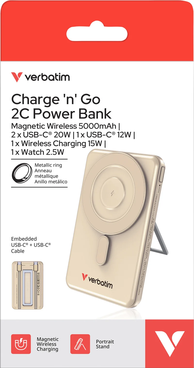 Verbatim Powerbank Charge'n'Go 2C, 5.000mAh, Klappstand, grau Magnetic Wireless, 2 integr. Kabel USB-C, Retail
