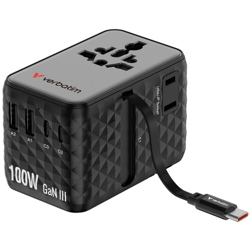 Verbatim Ladeadapter, Charge'n'Travel, GaN III, 100W, USB-C Kabel integriert 2x USB-A QC, 3x USB-C (PD), 100-250V, Retail