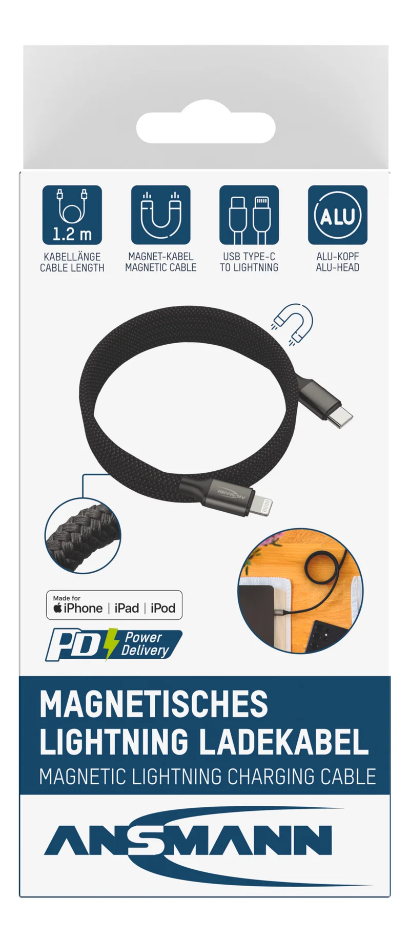 ANSMANN Magnetisches 4in1 Ladekabel – USB-A / USB-C auf USB-C oder Lightning, 120 cm