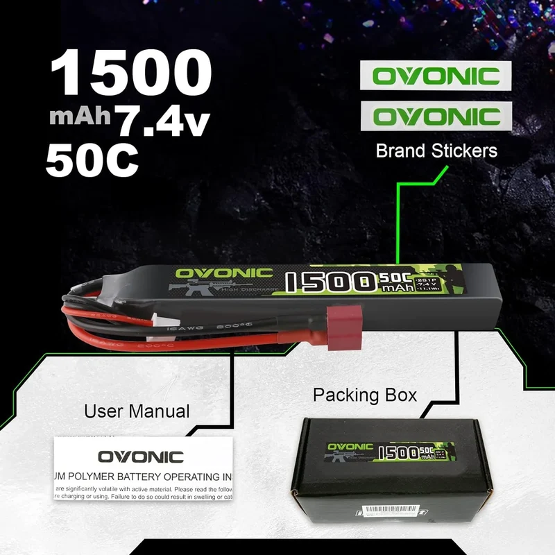 OVONIC 2S LiPo-Akku 1500mAh 2S1P 50C 7,4V Airsoft-LiPo-Akku mit Softcase und T-Stecker