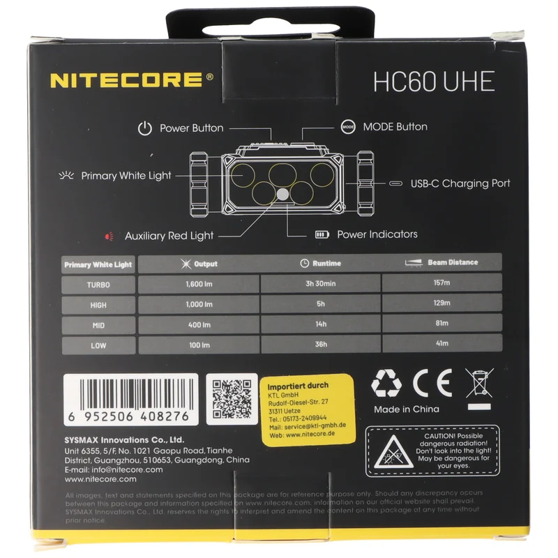 Nitecore HC60 UHE Stirnlampe mit bis zu 1600 Lumen, NiteLab UHE LEDs, TrueVision Linsen System, inkl. 18650 Li-Ion 4000mAh Akku