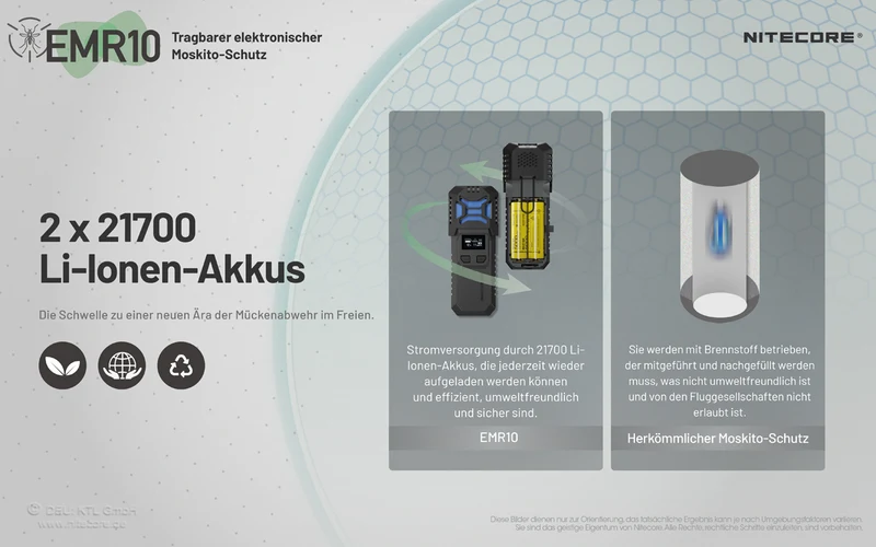 Nitecore EMR10, mobile Mückenabwehr, inklusive 2x NL2150 Akkus, mit Powerbankfunktion, wasserdicht IPX5, ideal für Camping, Outdoor und Angeln, inkl. 6x Mosquito-Schutz-Matten