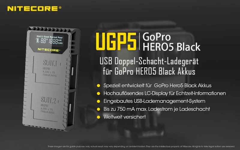 Nitecore Ladegerät UGP5 USB-Ladegerät mit LCD-Display für GoPro HERO 5 Black Akkus
