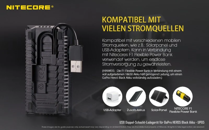 Nitecore Ladegerät UGP5 USB-Ladegerät mit LCD-Display für GoPro HERO 5 Black Akkus