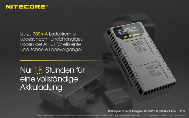 Nitecore Ladegerät UGP5 USB-Ladegerät mit LCD-Display für GoPro HERO 5 Black Akkus