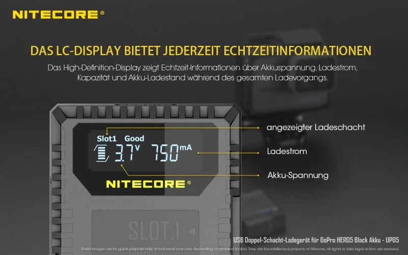 Nitecore Ladegerät UGP5 USB-Ladegerät mit LCD-Display für GoPro HERO 5 Black Akkus