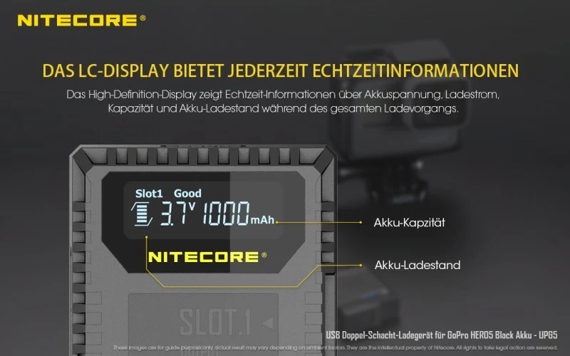 Nitecore Ladegerät UGP5 USB-Ladegerät mit LCD-Display für GoPro HERO 5 Black Akkus