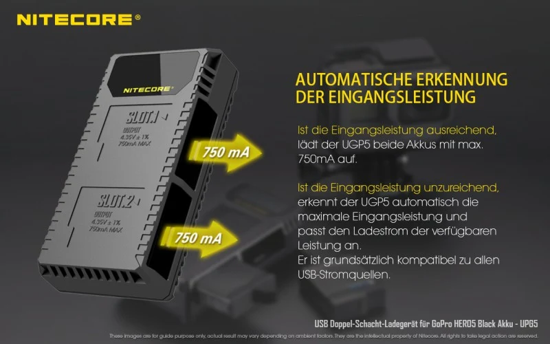 Nitecore Ladegerät UGP5 USB-Ladegerät mit LCD-Display für GoPro HERO 5 Black Akkus
