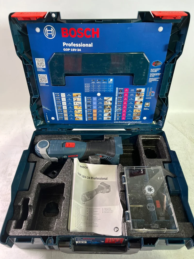 Bosch GOP 18V-34 Professional Akku Multi Cutter 18 V Starlock Plus ( 06018G2002 ) + 17 tlg. Zubehör + L-Boxx - ohne Akku, ohne Ladegerät - Reparaturgerät