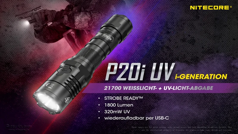 Nitecore P20i UV LED-Taschenlampe, 4x UV-LEDs, für Forensik, Begutachtungen, Dokumentenprüfung, Währungserkennung, 21700 Li-Ion Akku Typ NL2140i 4000mAh