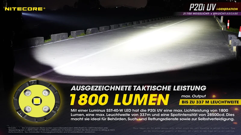 Nitecore P20i UV LED-Taschenlampe, 4x UV-LEDs, für Forensik, Begutachtungen, Dokumentenprüfung, Währungserkennung, 21700 Li-Ion Akku Typ NL2140i 4000mAh
