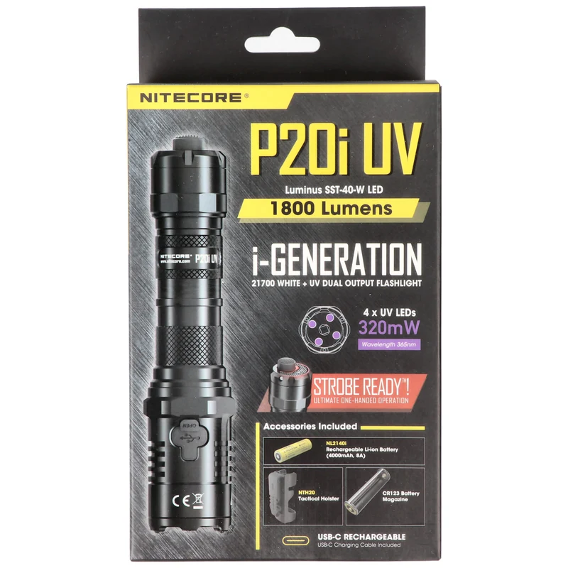Nitecore P20i UV LED-Taschenlampe, 4x UV-LEDs, für Forensik, Begutachtungen, Dokumentenprüfung, Währungserkennung, 21700 Li-Ion Akku Typ NL2140i 4000mAh