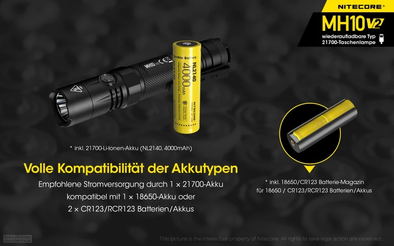 Nitecore MH10 V2, MH10V2 LED Taschenlampe inklusive 21700 4000mAh Li-Ion Akku, 1200 Lumen
