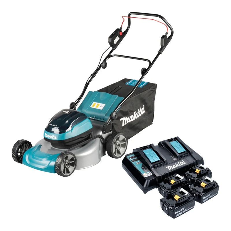 Makita DLM 466 PG4 Akku Rasenmäher 36 V ( 2x 18 V ) 46 cm Brushless + 4x Akku 6,0 Ah + Ladegerät