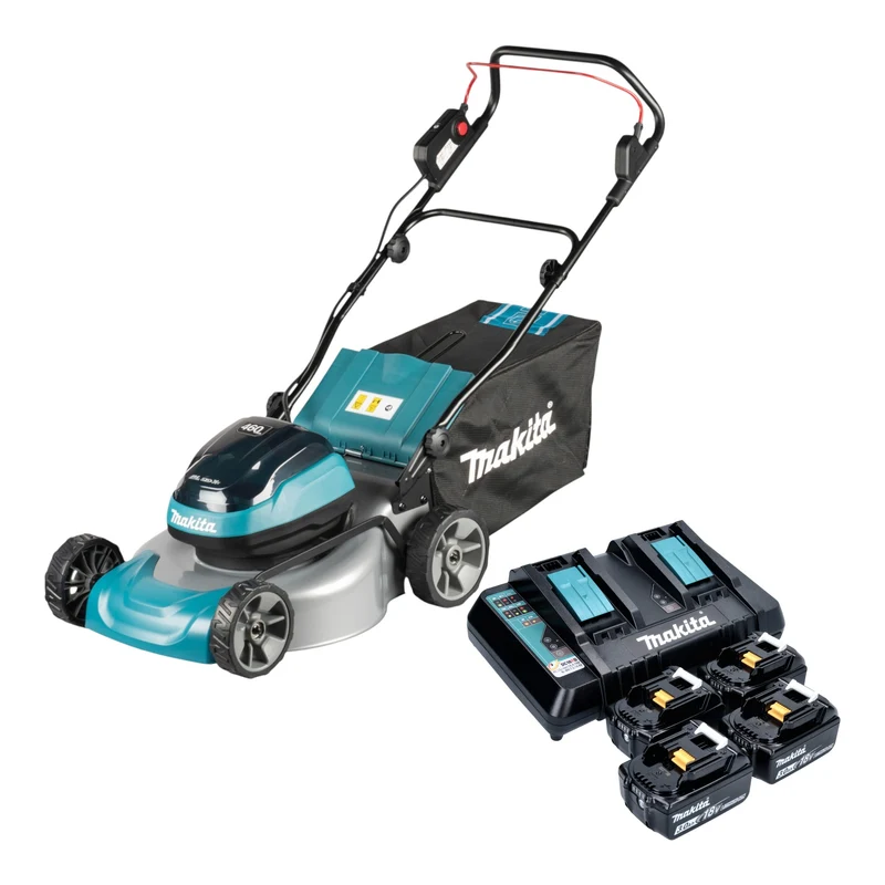 Makita DLM 466 PF4 Akku Rasenmäher 36 V ( 2x 18 V ) 46 cm Brushless + 4x Akku 3,0 Ah + Ladegerät