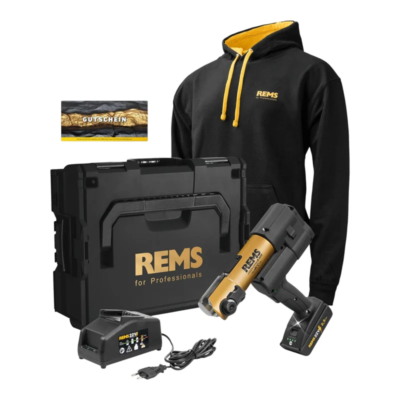 REMS E 22 V ACC Gold Basic Pack Akku Radialpresse 22 V 32 kN ( 576X17 RG220 ) + 1x Akku 2,5 Ah + 1x Ladegerät + Hoodie + L-Boxx