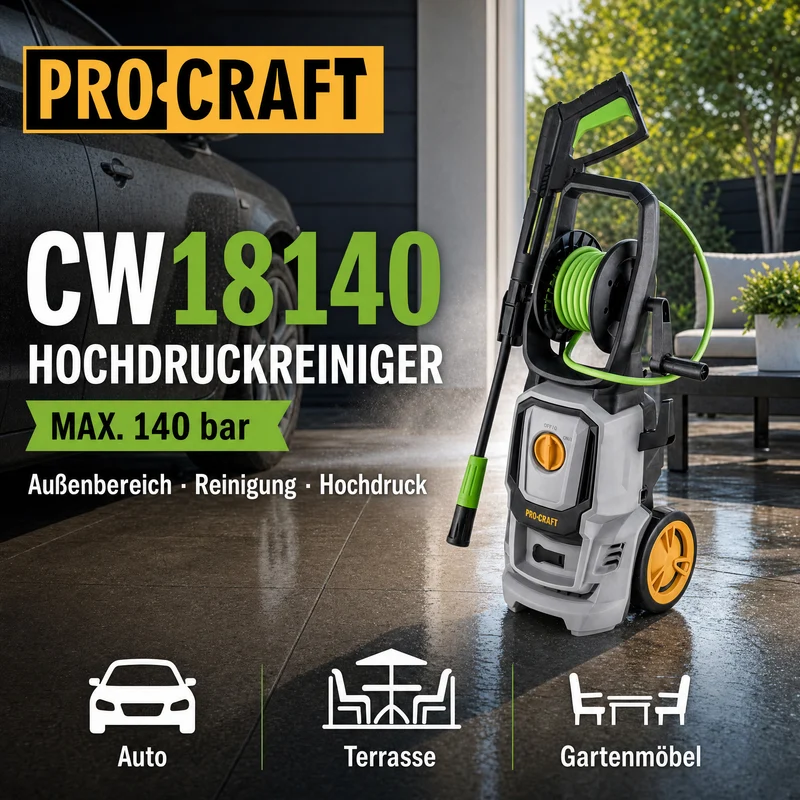 Procraft CW1.8/140 Kaltwasser Hochdruckreiniger 1800 Watt 140 bar 7 l/min + Zubehör - Max. Wassertemperatur: 40 °C
