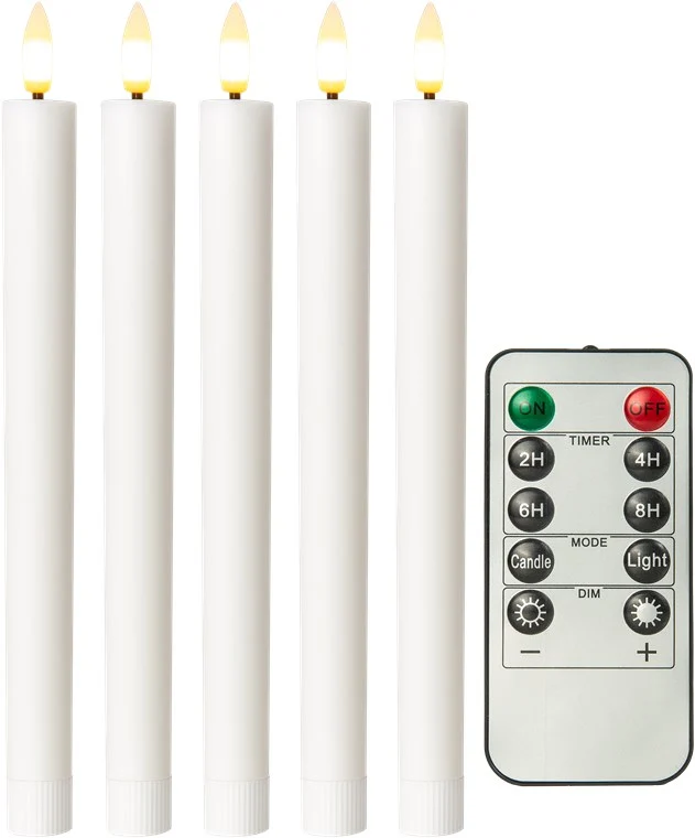 Goobay 5er-Set weiße LED-Echtwachs-Stabkerzen, inkl. Fernbedienung - mit Fernbedienung, Timerfunktion und 3D-Flammenkegel, batteriebetrieben, warmweiß (2400 K), dimmbar